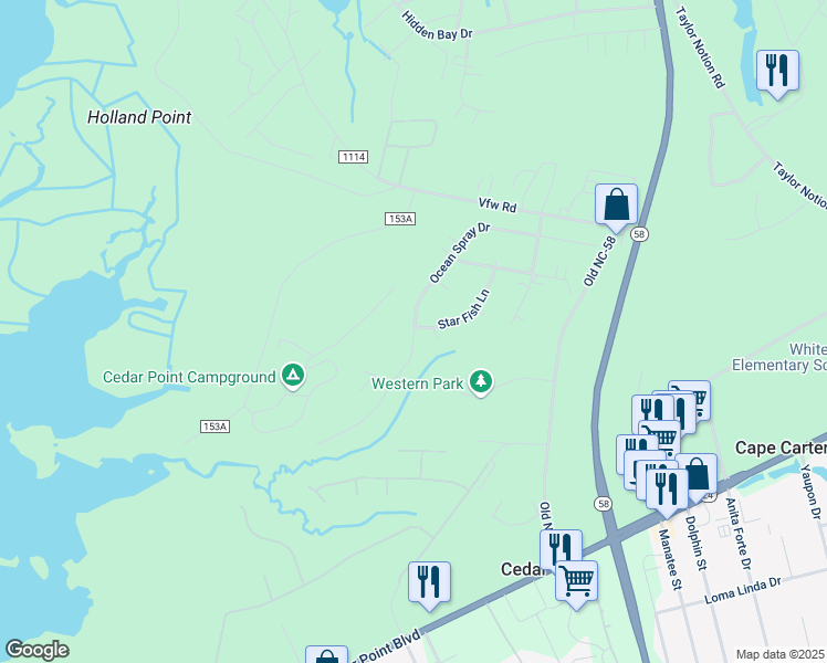 map of restaurants, bars, coffee shops, grocery stores, and more near 508 Ocean Spray Dr in Swansboro