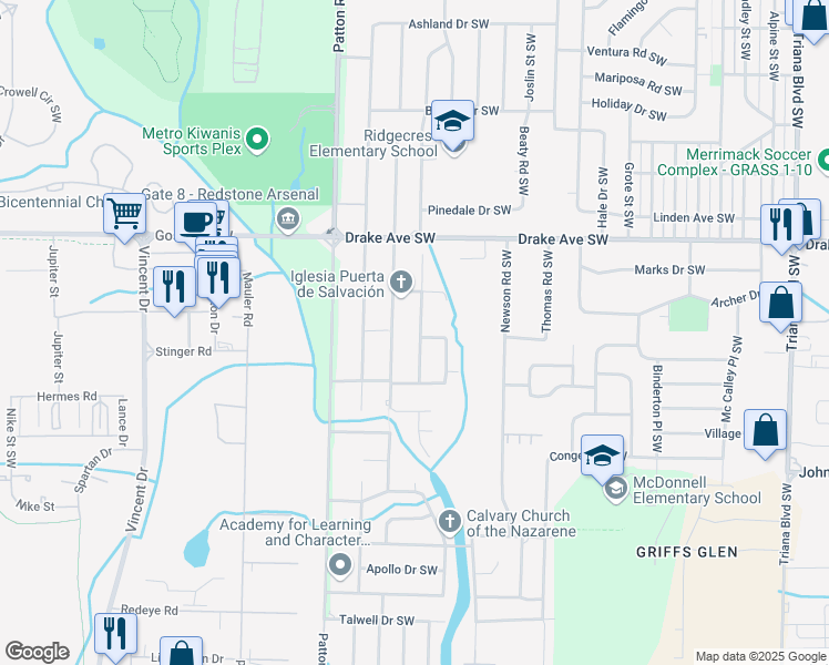 map of restaurants, bars, coffee shops, grocery stores, and more near 4000 Eunice Street Southwest in Huntsville