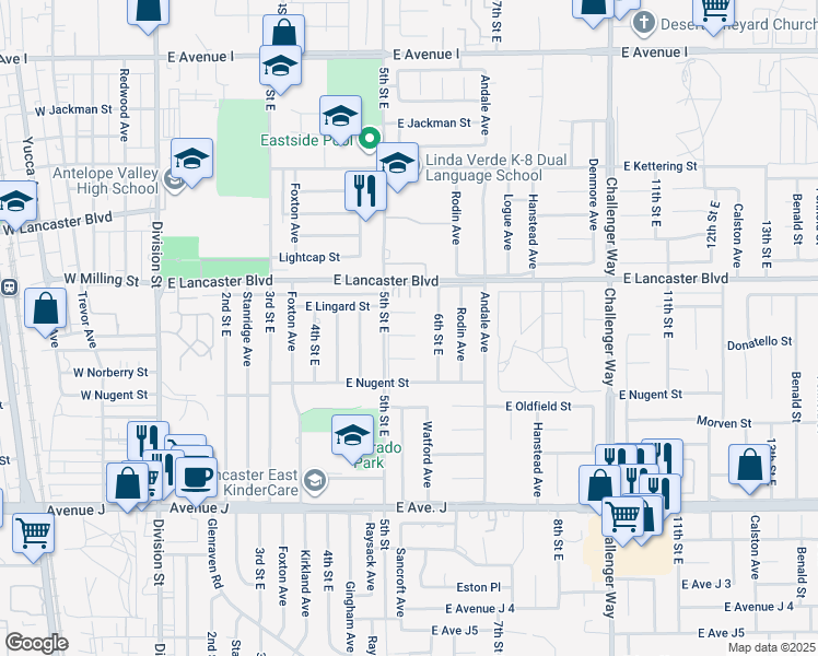 map of restaurants, bars, coffee shops, grocery stores, and more near 521 East Newgrove Street in Lancaster