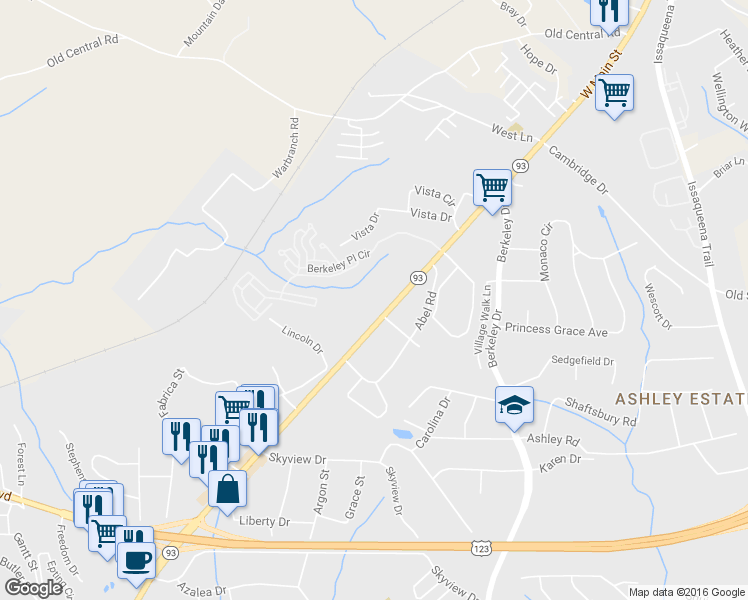 map of restaurants, bars, coffee shops, grocery stores, and more near 629 Old Greenville Highway in Clemson