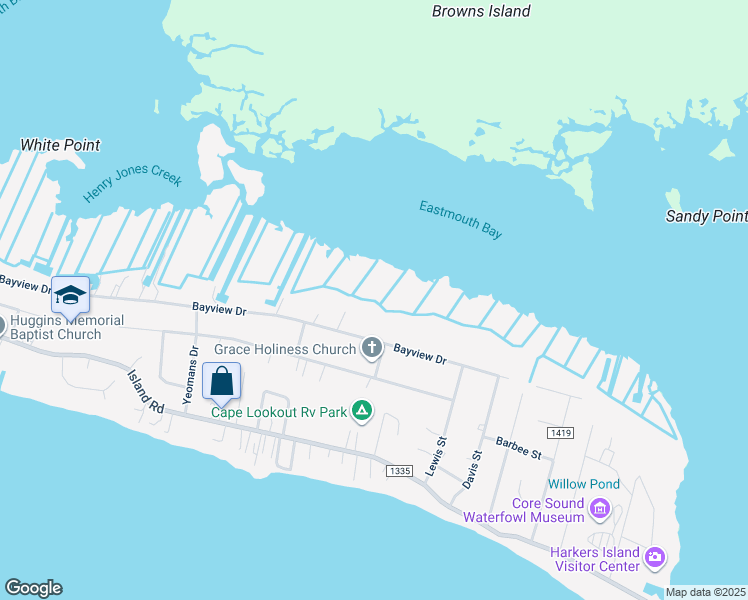 map of restaurants, bars, coffee shops, grocery stores, and more near 523 Bayview Drive in Harkers Island