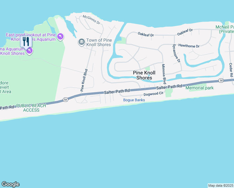 map of restaurants, bars, coffee shops, grocery stores, and more near 141 Dogwood Circle in Atlantic Beach