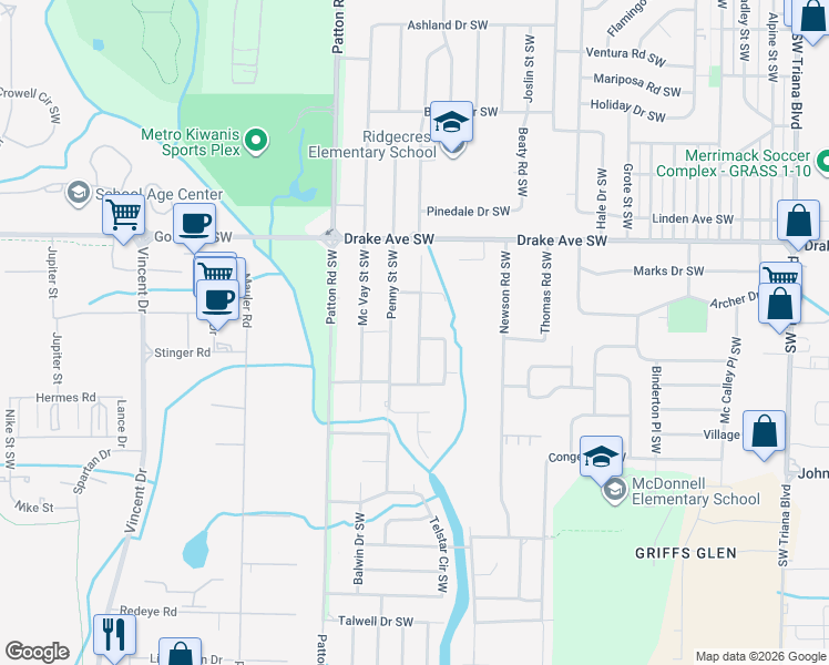 map of restaurants, bars, coffee shops, grocery stores, and more near 4000 Eunice Street Southwest in Huntsville