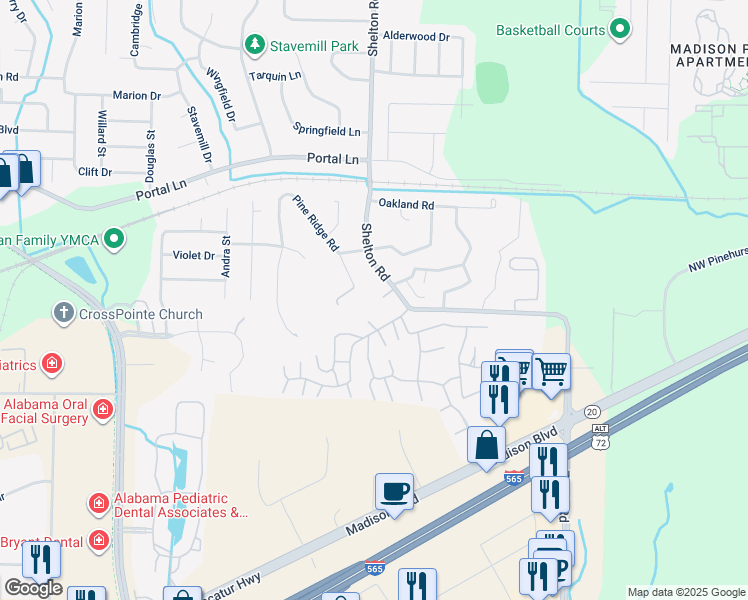 map of restaurants, bars, coffee shops, grocery stores, and more near 365 Shelton Road in Madison