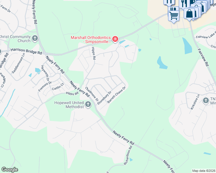 map of restaurants, bars, coffee shops, grocery stores, and more near 817 Camberwell Road in Simpsonville