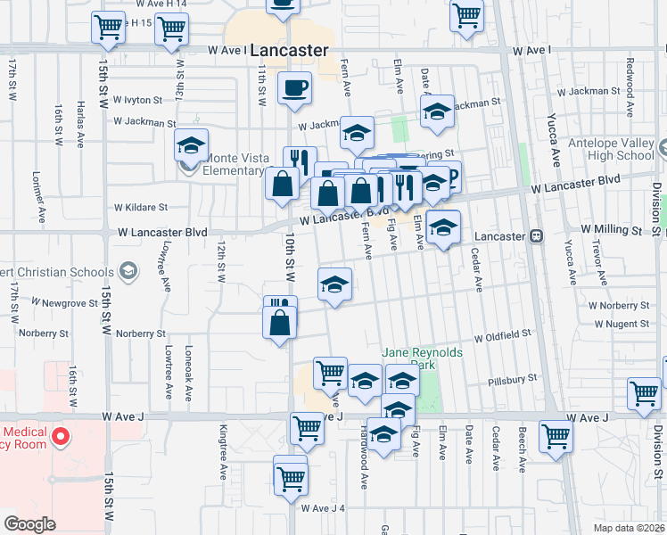 map of restaurants, bars, coffee shops, grocery stores, and more near 850 West Milling Street in Lancaster