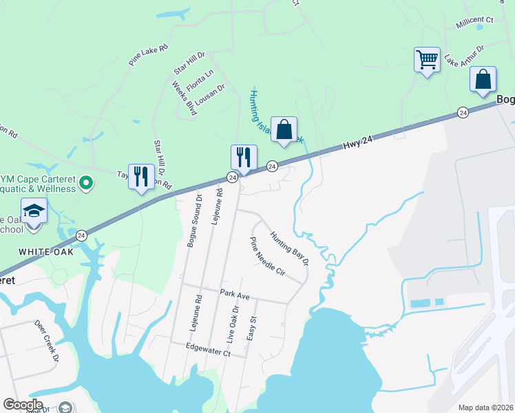 map of restaurants, bars, coffee shops, grocery stores, and more near 176-180 Hunting Bay Drive in Swansboro