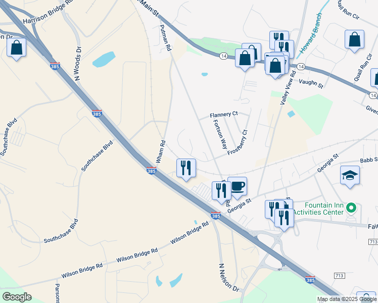 map of restaurants, bars, coffee shops, grocery stores, and more near 104 Flagstar Court in Fountain Inn