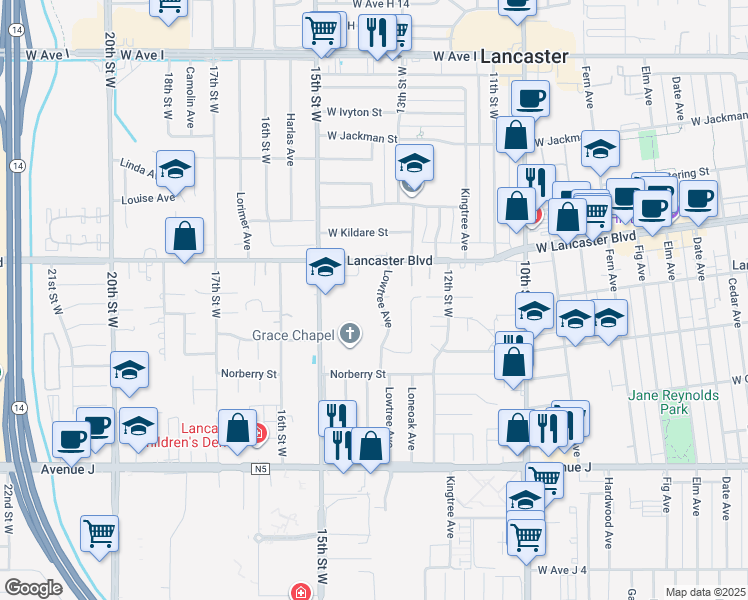map of restaurants, bars, coffee shops, grocery stores, and more near 44705 Lowtree Avenue in Lancaster