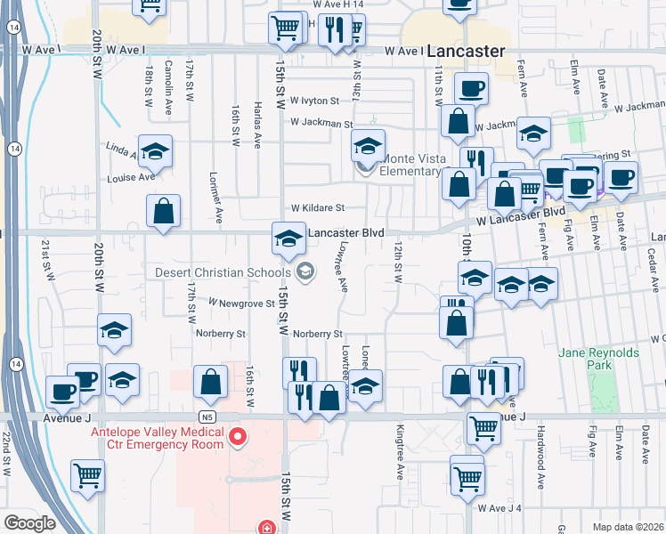 map of restaurants, bars, coffee shops, grocery stores, and more near 44705 Lowtree Avenue in Lancaster