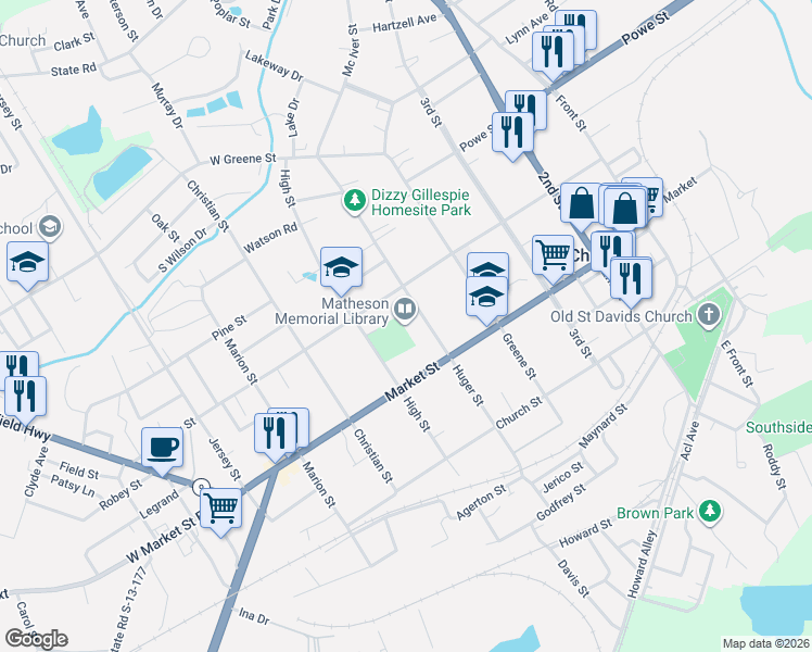 map of restaurants, bars, coffee shops, grocery stores, and more near 227 Huger Street in Cheraw
