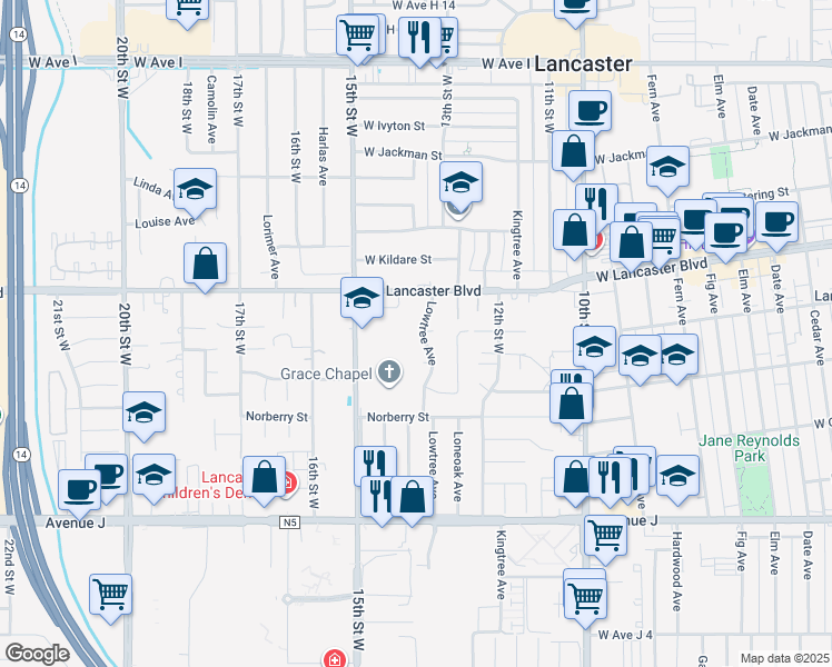 map of restaurants, bars, coffee shops, grocery stores, and more near 44705 Lowtree Avenue in Lancaster