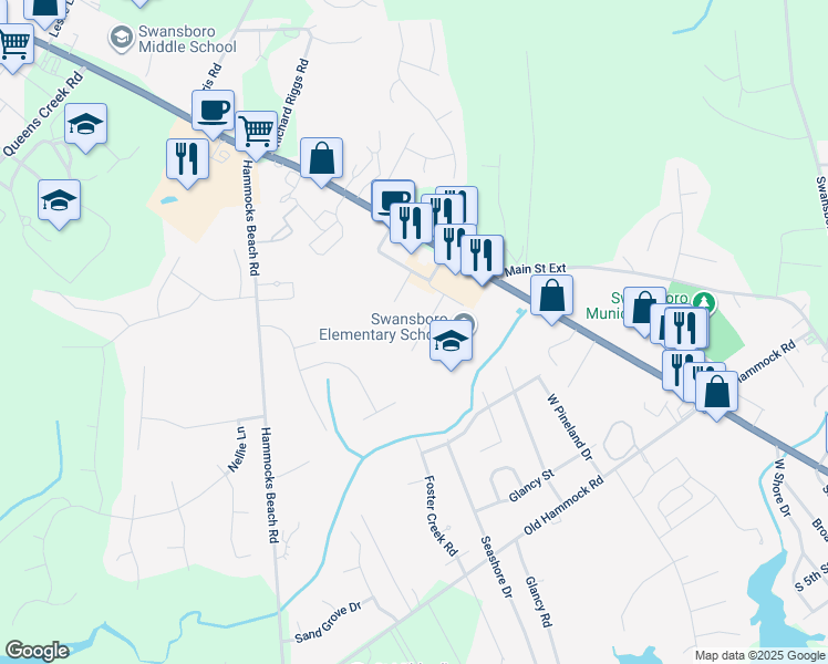 map of restaurants, bars, coffee shops, grocery stores, and more near 13 Port West Court in Swansboro