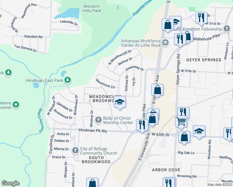 map of restaurants, bars, coffee shops, grocery stores, and more near 67 South Meadowcliff Drive in Little Rock
