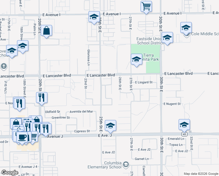 map of restaurants, bars, coffee shops, grocery stores, and more near 44707 Cerisa Street in Lancaster