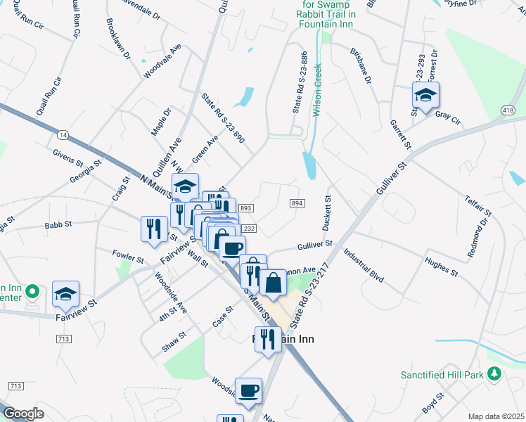 map of restaurants, bars, coffee shops, grocery stores, and more near 202 Oakland Way in Fountain Inn