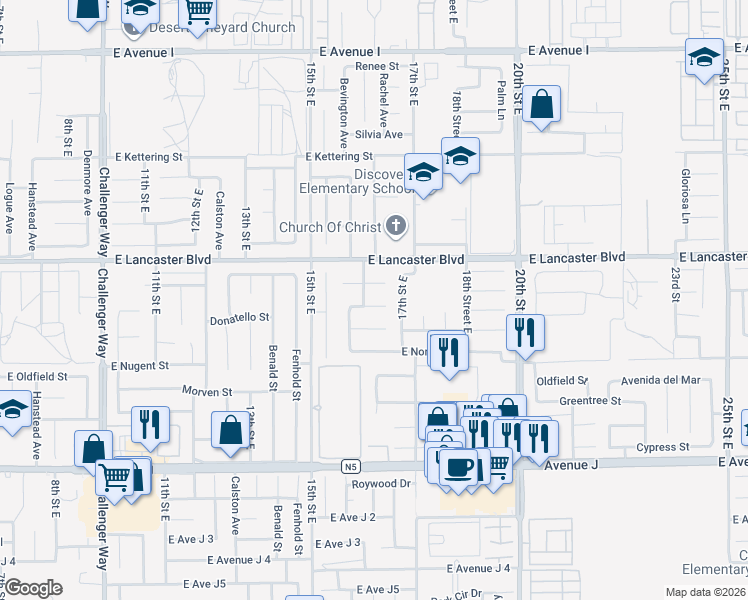 map of restaurants, bars, coffee shops, grocery stores, and more near 1607 East Newgrove Street in Lancaster
