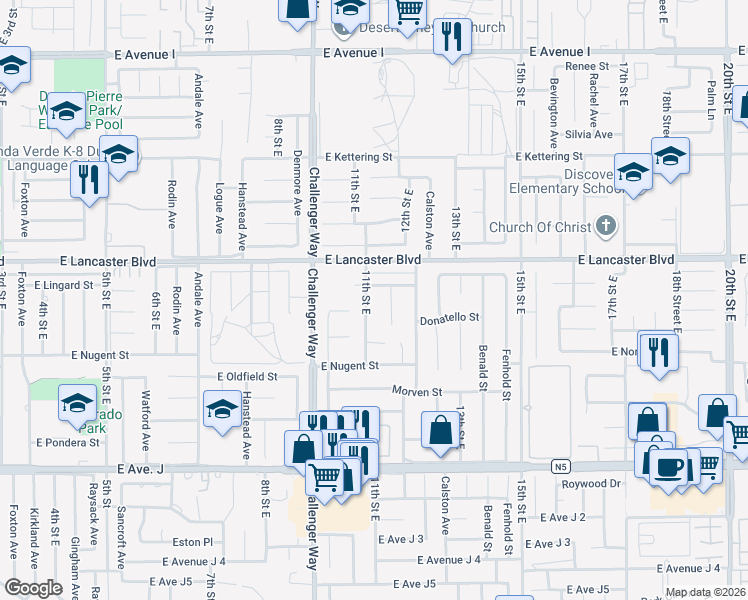 map of restaurants, bars, coffee shops, grocery stores, and more near 44720 11th Street East in Lancaster