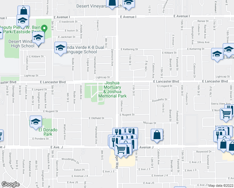 map of restaurants, bars, coffee shops, grocery stores, and more near 43917 Challenger Way in Lancaster