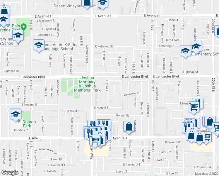 map of restaurants, bars, coffee shops, grocery stores, and more near 44720 11th Street East in Lancaster