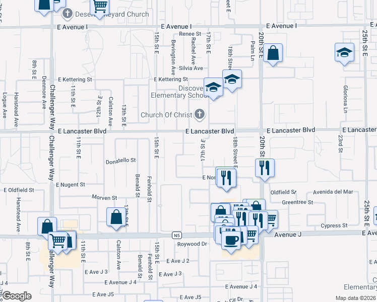 map of restaurants, bars, coffee shops, grocery stores, and more near 1607 East Newgrove Street in Lancaster