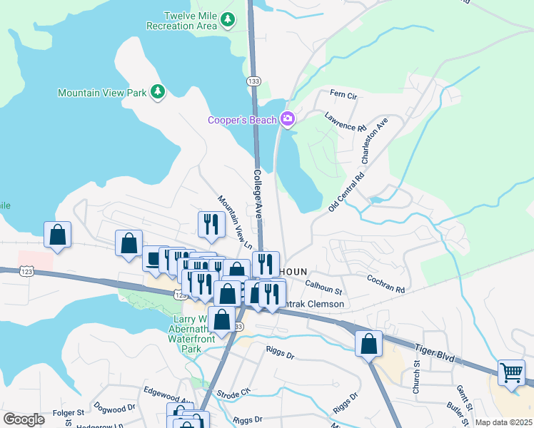 map of restaurants, bars, coffee shops, grocery stores, and more near 807 College Avenue in Clemson