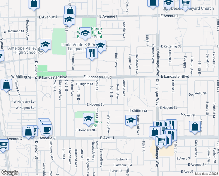 map of restaurants, bars, coffee shops, grocery stores, and more near in Hi Vista