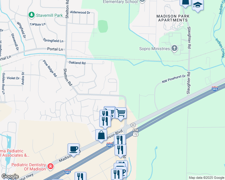 map of restaurants, bars, coffee shops, grocery stores, and more near 190 Shelton Road in Madison