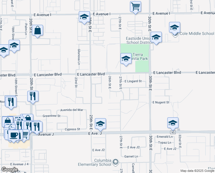 map of restaurants, bars, coffee shops, grocery stores, and more near 44709 26th Street East in Lancaster