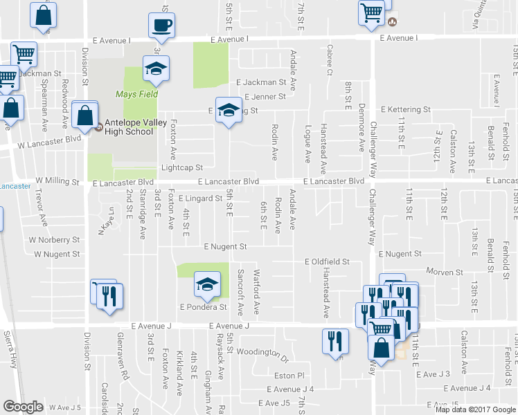 map of restaurants, bars, coffee shops, grocery stores, and more near 44715 6th Street East in Lancaster