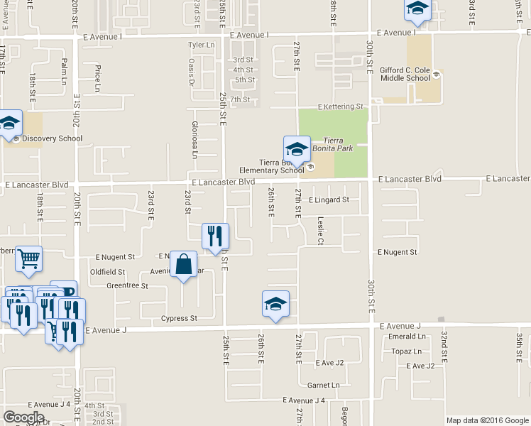 map of restaurants, bars, coffee shops, grocery stores, and more near 44709 26th Street East in Lancaster