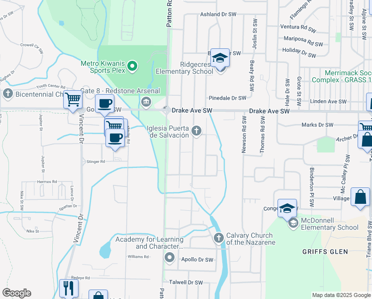 map of restaurants, bars, coffee shops, grocery stores, and more near 4003 Penny Street Southwest in Huntsville