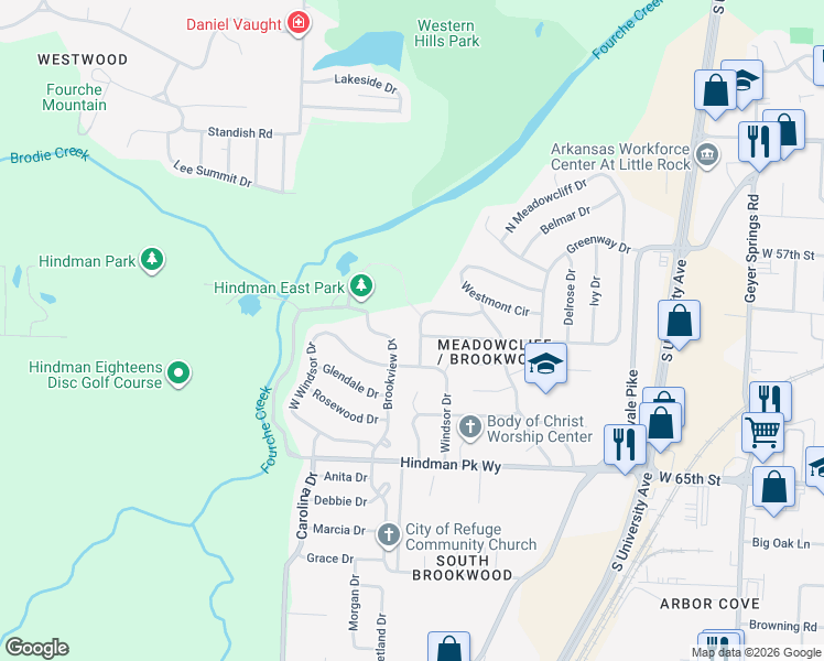 map of restaurants, bars, coffee shops, grocery stores, and more near 39 Brookview Drive in Little Rock