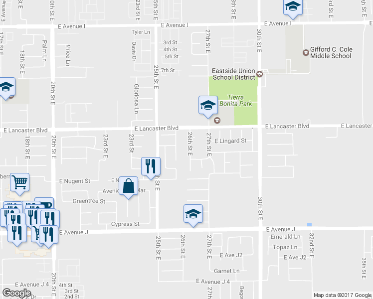 map of restaurants, bars, coffee shops, grocery stores, and more near 44709 26th Street East in Lancaster