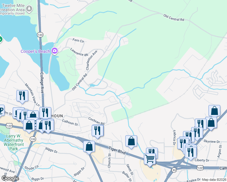 map of restaurants, bars, coffee shops, grocery stores, and more near 918 Georgetown Road in Clemson