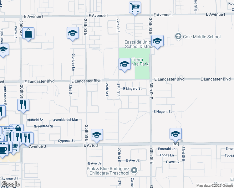 map of restaurants, bars, coffee shops, grocery stores, and more near 44705 27th Street East in Lancaster