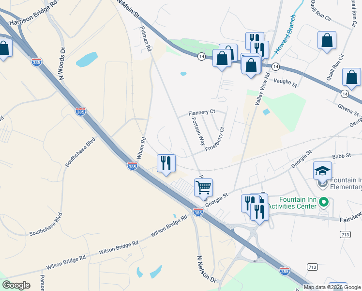 map of restaurants, bars, coffee shops, grocery stores, and more near 104 Flagstar Court in Fountain Inn