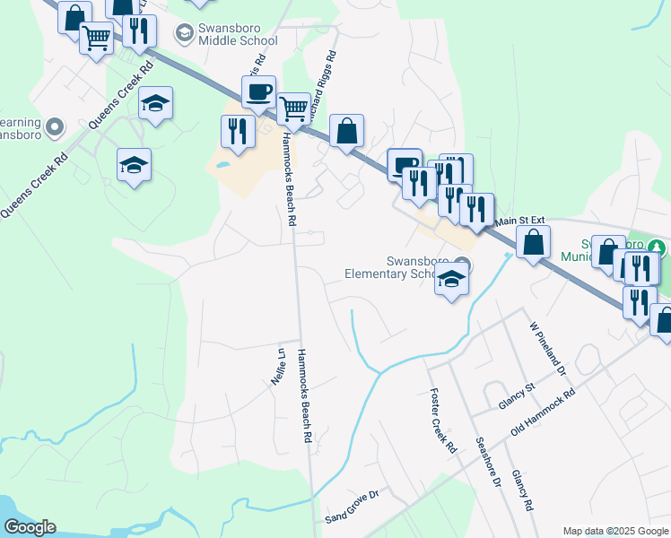 map of restaurants, bars, coffee shops, grocery stores, and more near 111 Forest Lane in Swansboro