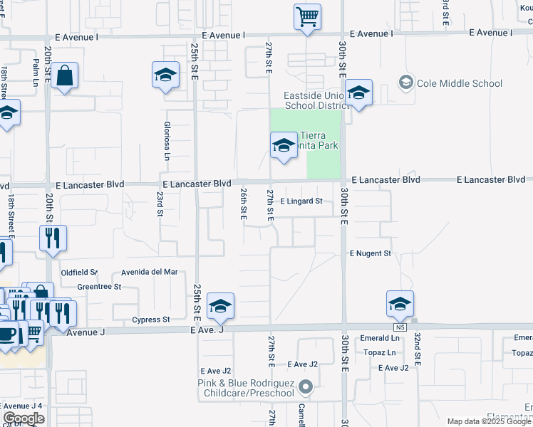 map of restaurants, bars, coffee shops, grocery stores, and more near 44705 27th Street East in Lancaster