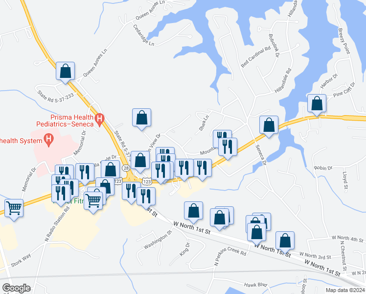 map of restaurants, bars, coffee shops, grocery stores, and more near 100 Sandra Lane in Seneca