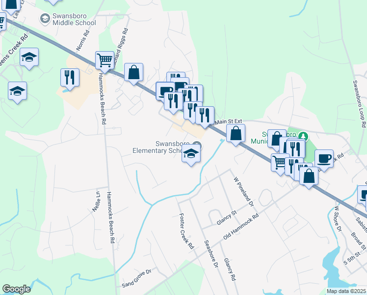 map of restaurants, bars, coffee shops, grocery stores, and more near 7 Port West in Swansboro