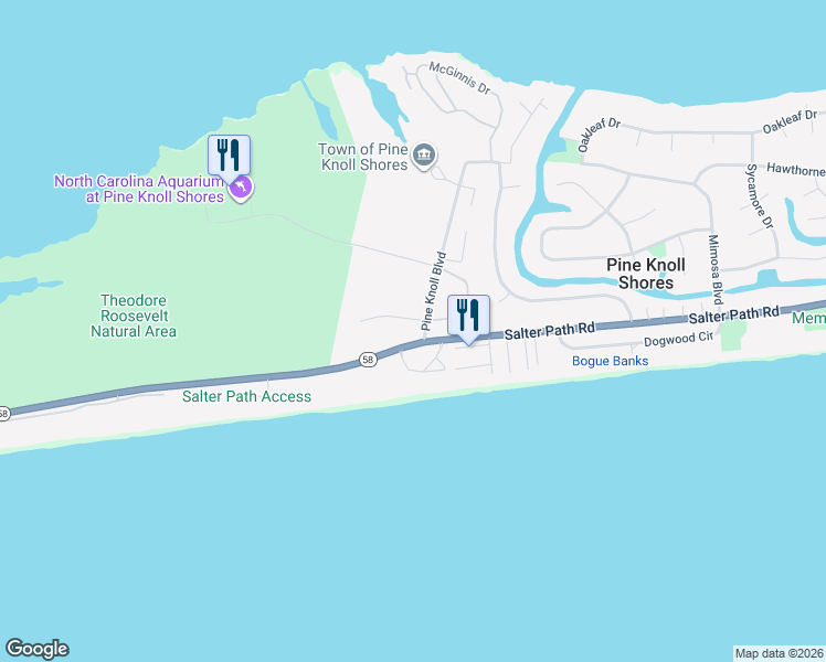 map of restaurants, bars, coffee shops, grocery stores, and more near 301 Pine Knoll Circle in Pine Knoll Shores