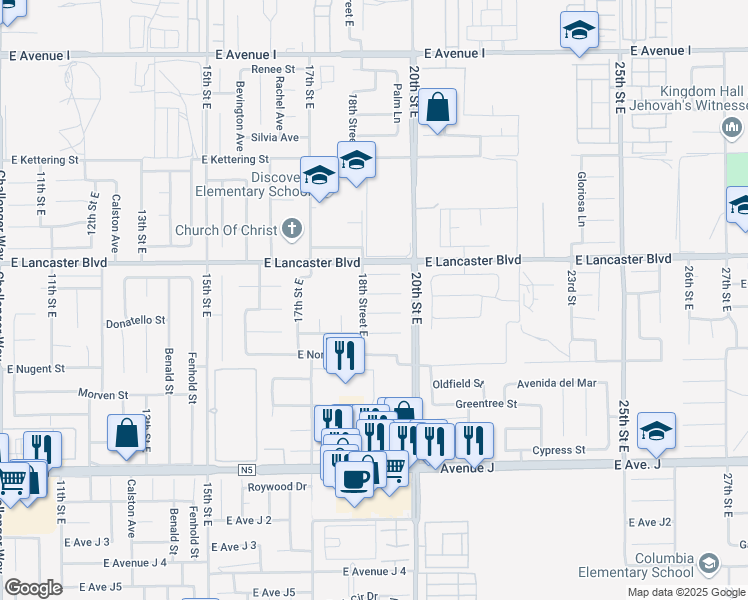 map of restaurants, bars, coffee shops, grocery stores, and more near 1808 East Milling Street in Lancaster