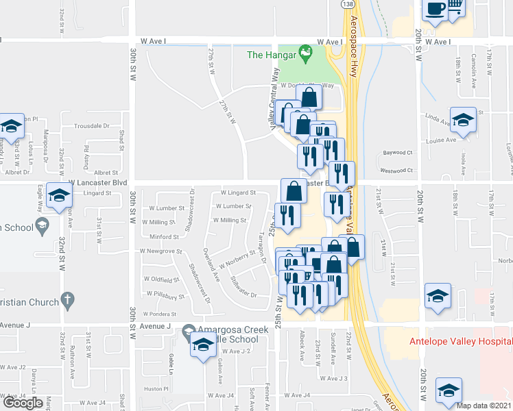 map of restaurants, bars, coffee shops, grocery stores, and more near 44730 Stonebridge Lane in Lancaster
