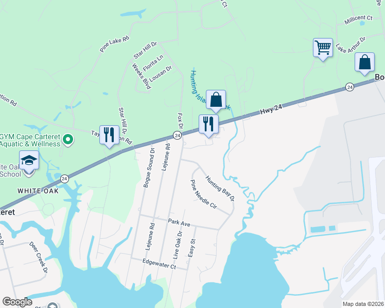 map of restaurants, bars, coffee shops, grocery stores, and more near 176 Hunting Bay Drive in Swansboro