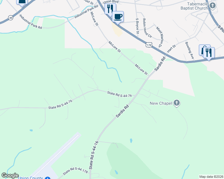 map of restaurants, bars, coffee shops, grocery stores, and more near Buford Browns Trailer Park in Union County