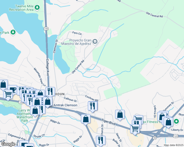 map of restaurants, bars, coffee shops, grocery stores, and more near 900 Creekside Drive in Clemson