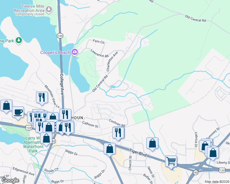 map of restaurants, bars, coffee shops, grocery stores, and more near 902 Creekside Drive in Clemson