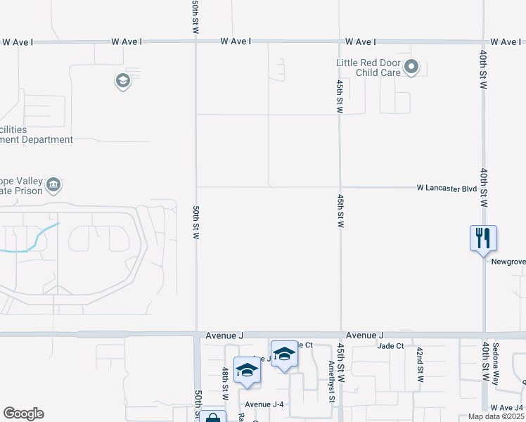 map of restaurants, bars, coffee shops, grocery stores, and more near 47th Street West in Lancaster