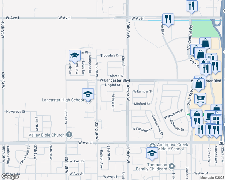 map of restaurants, bars, coffee shops, grocery stores, and more near 3061 West Lumber Street in Lancaster
